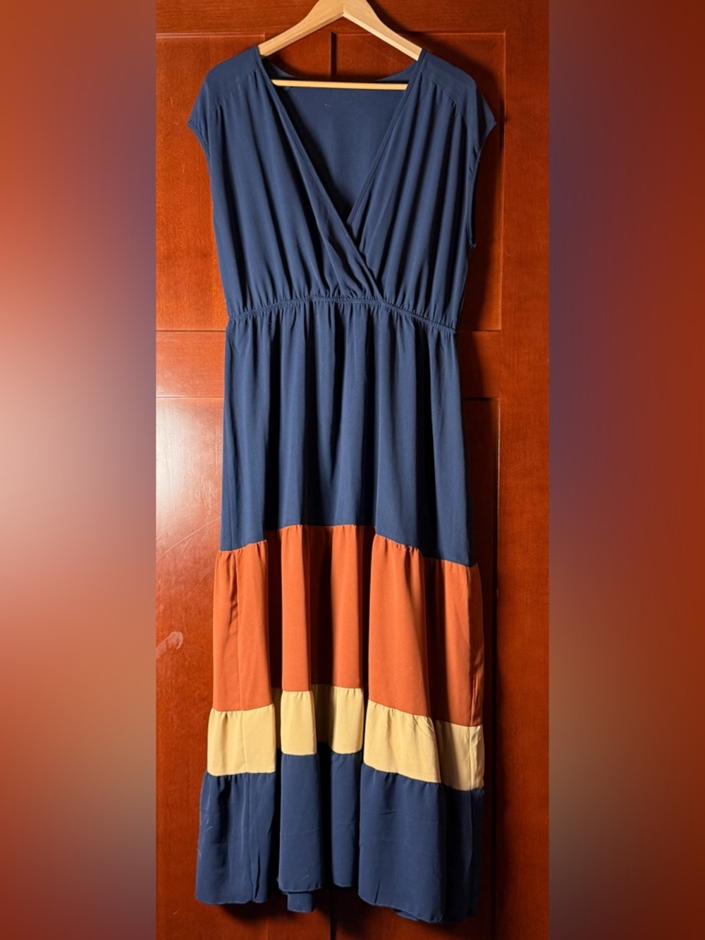 Tiered Maxi Dress in Navy with Rust and Tan Colorblock Ruffles Size XXL NWOT